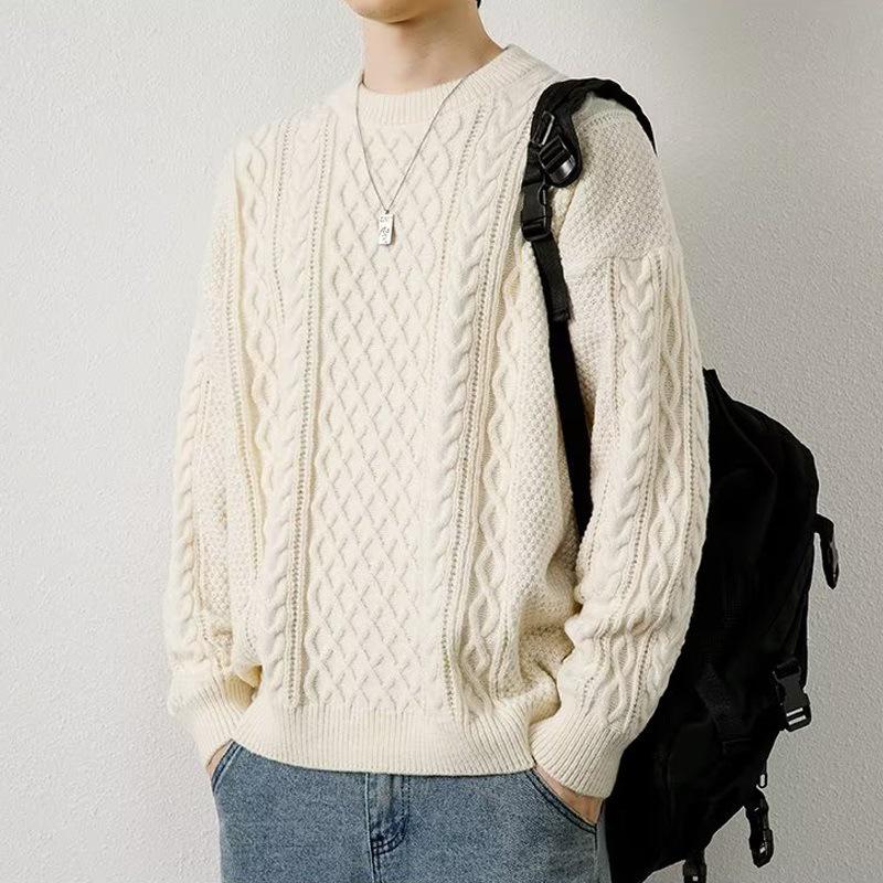 

Men s Chunky Knit Japanese-Style Sweater - Trendy Loose-Fit Round Neck Pullover for Autumn/Winter M абрикосовий