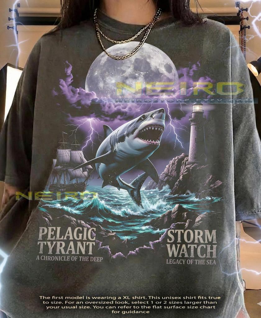 Great White Shark Pelagic Tyrant Storm Watch Ocean Predator Comfort Colors® Tshirt, Sailing Ship Lighthouse Sea Creature Tees,