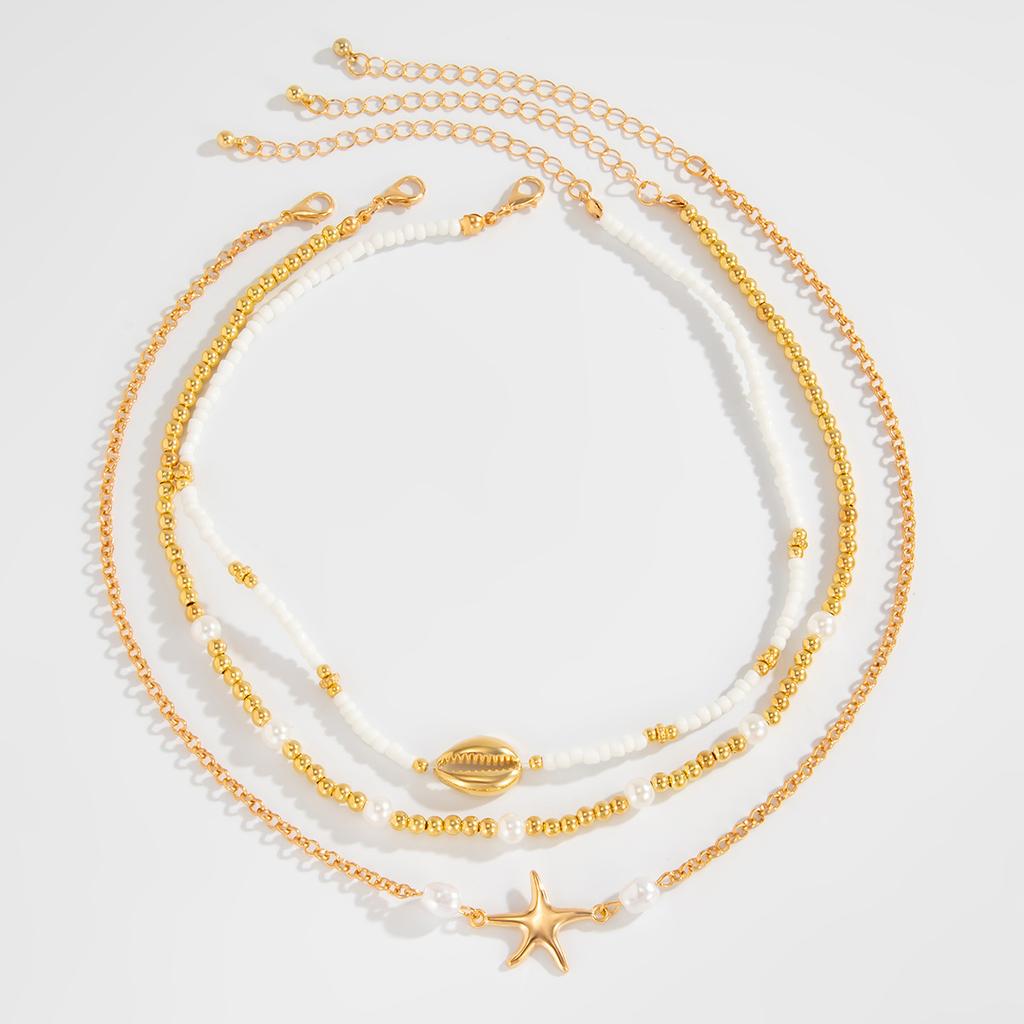 Bohemian Rice Bead Beaded Clavicle Necklace, Holiday Wind Drip Oil Starfish Shell Stacked Necklace