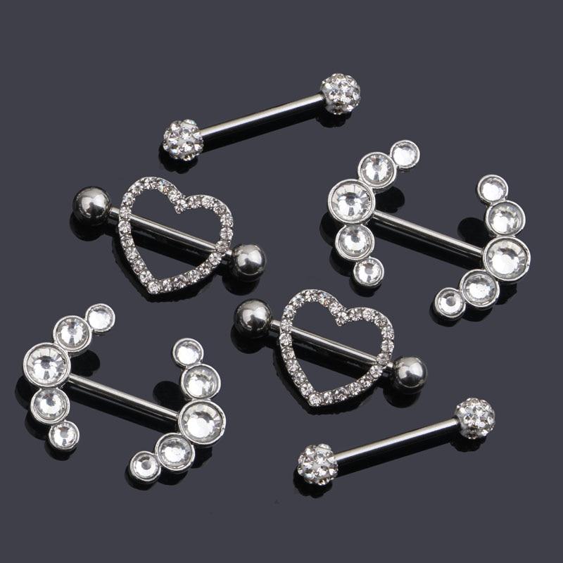 Surgical Steel Heart Nipple Piercing Rings Sets 14G Crystal Tongue Ring Nipple Barbell Lot Sexy Piercing Nipple Body Jewelry