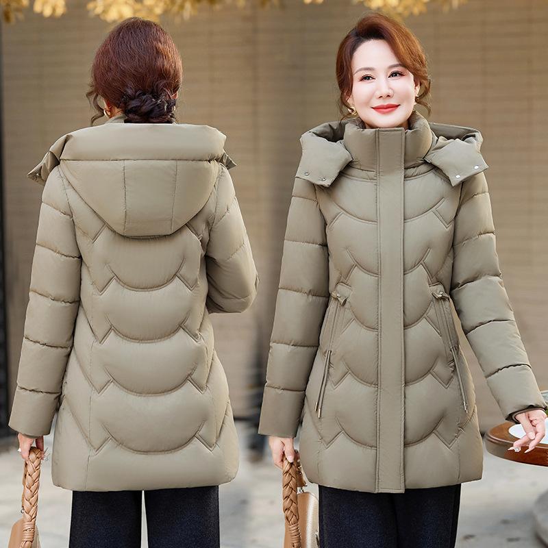 Middle-aged and elderly large-size cotton-padded clothes, women's medium and long hats, removable winter mother's clothing temperament, thickened cott