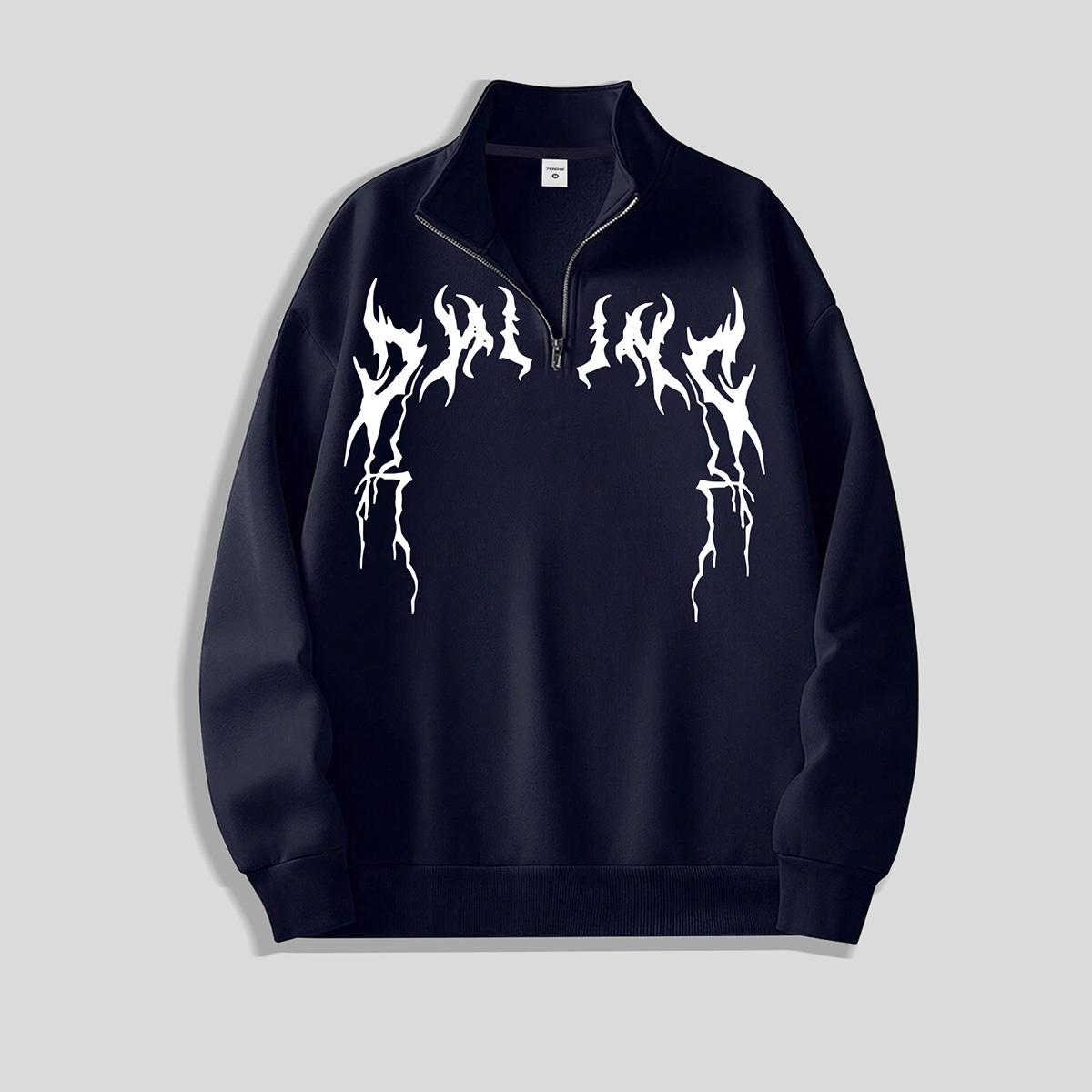 

Mens Quarter-Zip Pullover Long Sleeve Mock Neck Sweatshirt Unsex Y2K Gothic Printed Vintage Tops XXL темно-синього кольору