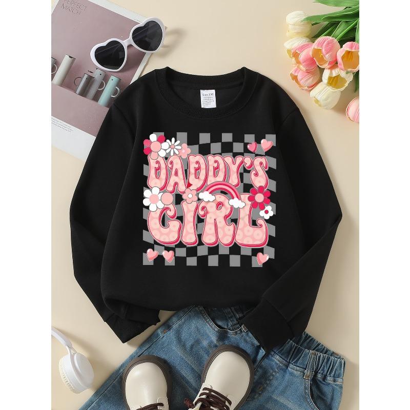 Girls' Soft Crewneck Sweatshirt Daddy'S Girl Pink Floral Checkered Print Design with Cute Creative Print, Casual All-Match for Fall Winter