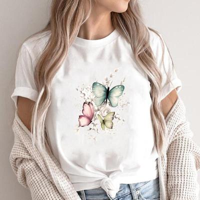 (Asian Size) Fashion Watercolor Butterfly Trend 90s Print Female Casual T Clothing Casual Women's Top Graphic Tee Short Sleeve T-shirts