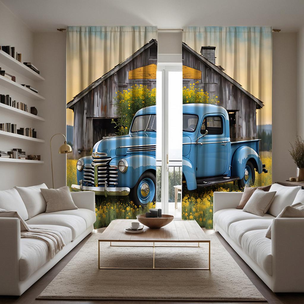 Set Of 2 Vintage Hd Pickup Truck Trim Curtain Blue Tie Digital Printed Home Style Living Room Bedroom Wear Rod Polyester Ideal For