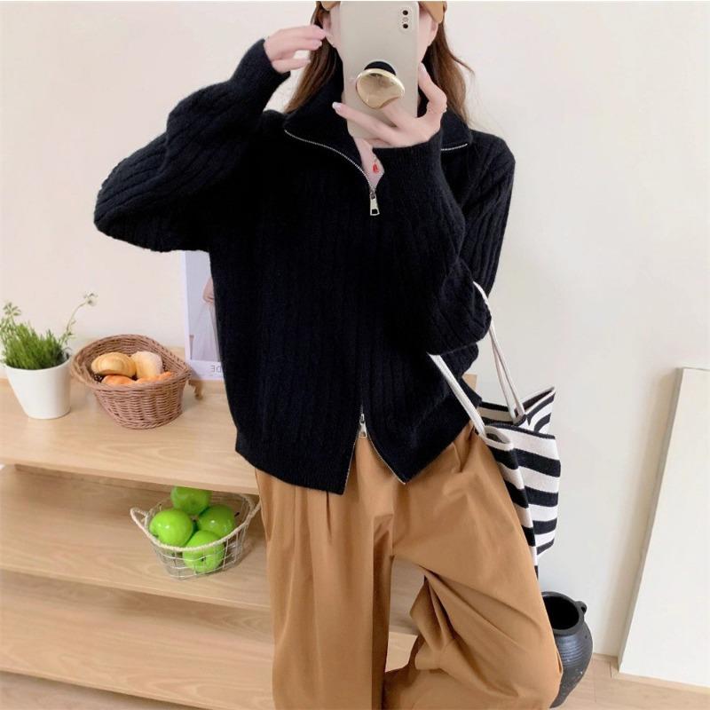 Loose lazy wind age-reducing sweater jacket women's autumn and winter new twist stand-up collar zipper fashion knitted cardigan