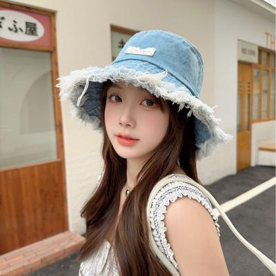 Spring Retro Rough Edge Iron Standard Denim Bucket Hat Women's Face Small Visor Solid Color Sunscreen Basin Hat