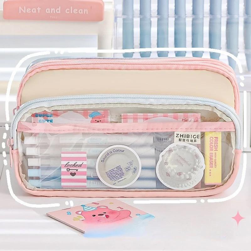 Color Block Pencil Case Transparent Large Capacity Creative Multifunctional Stationery Bag Japanese Style High Aesthetic