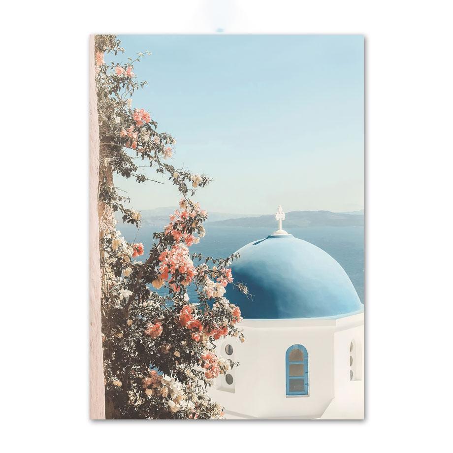 נוף ים כחול תכלת טירת סנטוריני אמנות קיר ציור קנבס פוסטרים והדפסים נורדיים תמונות קיר לעיצוב הסלון