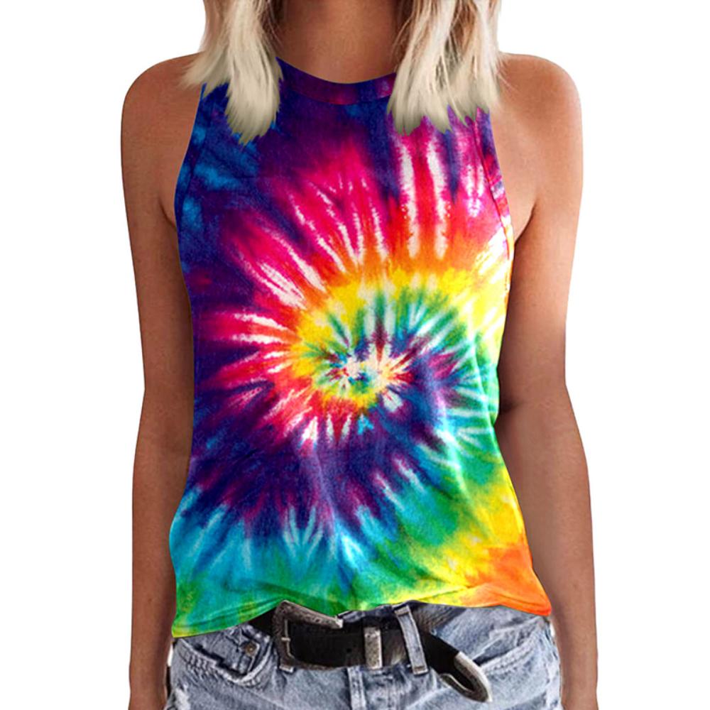

Women s 3D printed tie dye sleeveless T-shirt, Y2K streetwear, round neck top, women s off shoulder sleeveless T-shirt 4XL