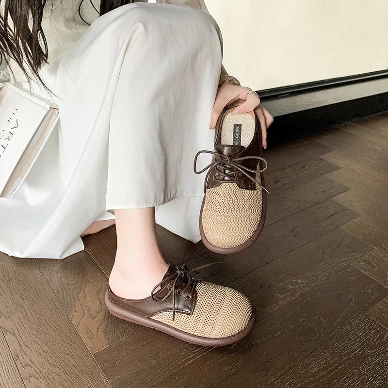 Women's Mules Round Toe Lace-up Cover Toe Flat Sole Women's Slippers Dress Daily Commute Retro Hollow Upper Zapatillas De Mujer