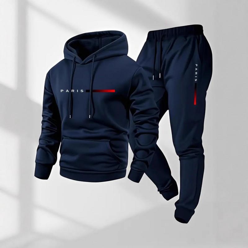 Unisex Paris Letter Print Hooded Sweatshirt Drawstring Jogger Set Winter Warm Casual Sportswear