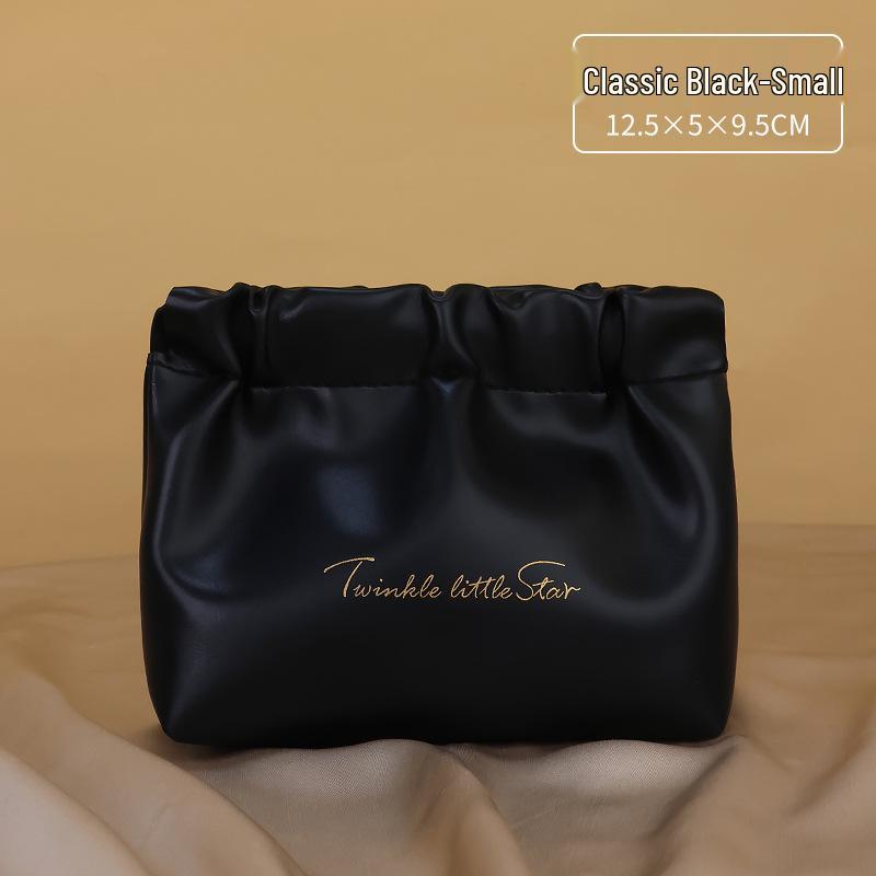 Auto-Closing Waterproof PU Makeup Bag: Women's Pleated Lipstick & Touch-Up Pouch with Snap Closure for Convenient On-the-Go Storage.