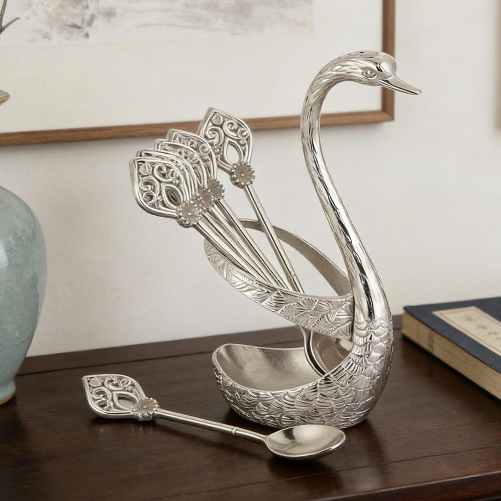 Creative Swan-Shaped Coffee Bracket Stirring Spoon Set 6 Pieces Zinc Alloy Stirring Coffee Bar Spoons Set With Swan Holder