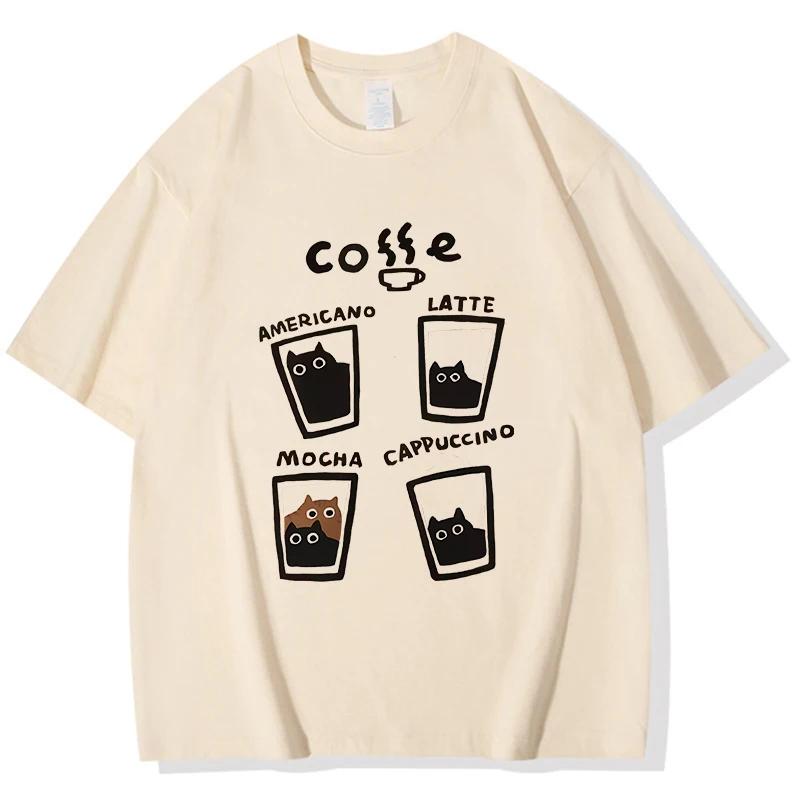 American Retro Trendy TShirt Fashion Women Summer Tees Tops Tshirt Funny Cat and Coffee T Shirt Clothes Graphic Streetwearr YK