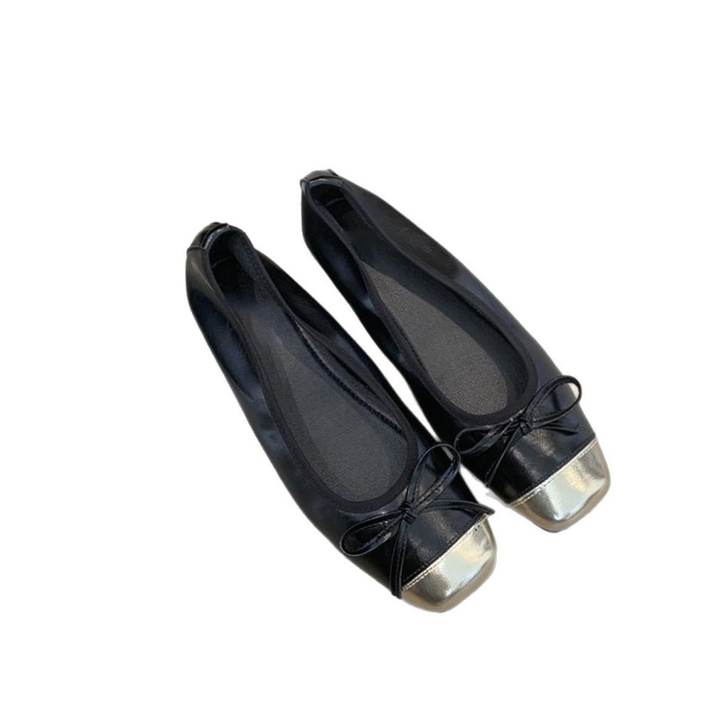 French Small Fragrant Style Bow Shallow Mouth Ballet Single Shoes Women's 2025 New Soft Leather Square Head Gentle Flat Grandma Shoes