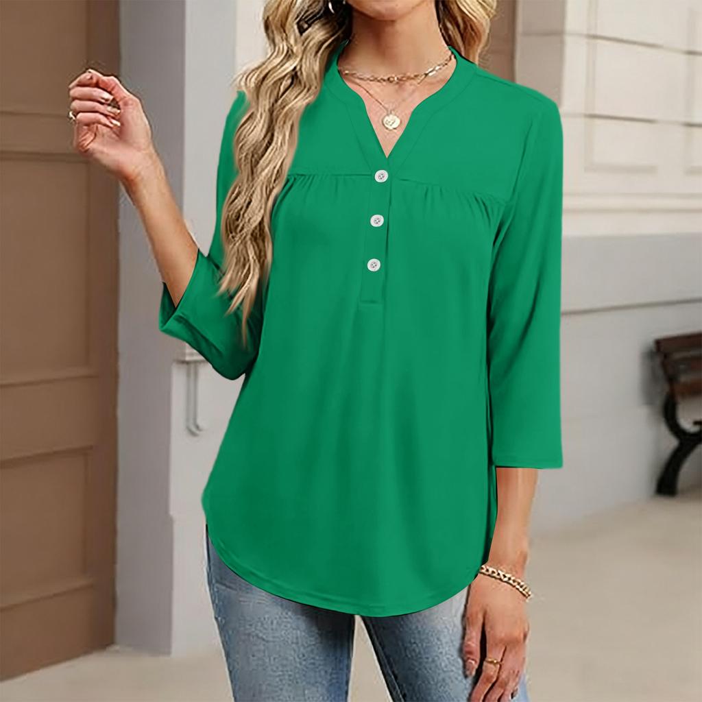 Women's Fashionable Casual Color V-Neck Decorative Button Three-Quarter Sleeve T-Shirt Top