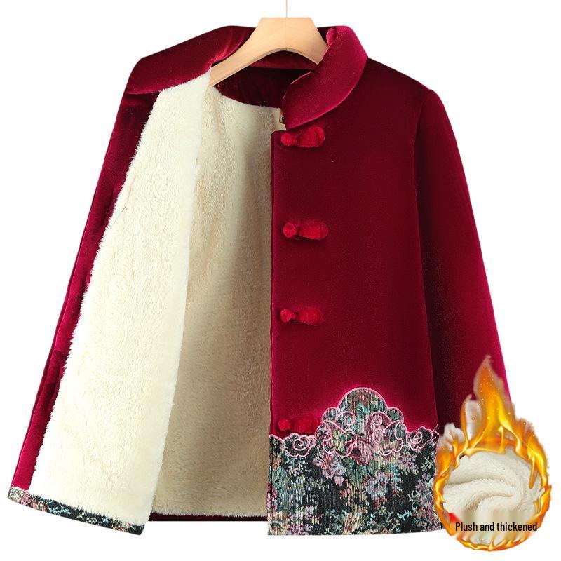 Women s Tang Suit Padded Jacket: Warm Winter Velvet Coat for Middle-Aged & Elderly 5XL (up to 150 lbs)