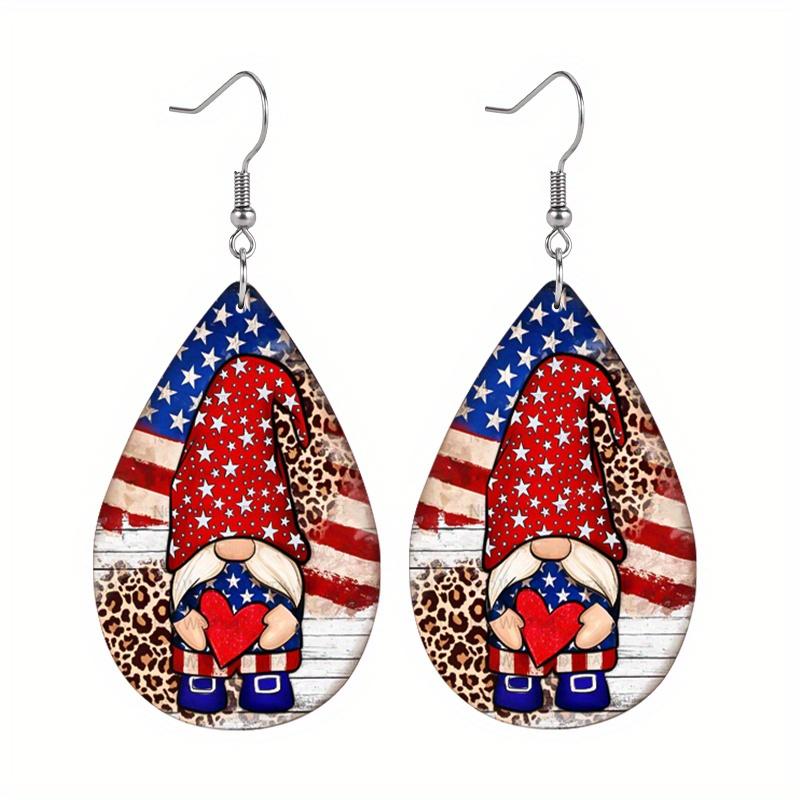 Vintage American Flag Cross Sunflower PU Earrings for Women , Independence Day Gnome Hold Red Love Water Drop Earrings,