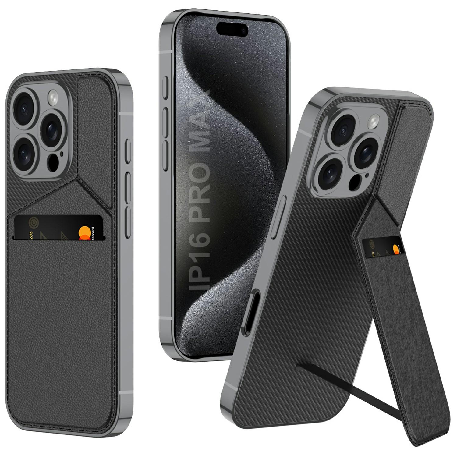 

GKK For iPhone 16 Pro Case Shockproof TPU+PC+PU Phone Shell with Card Holder Kickstand Black