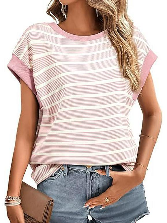 Dámské pruhované volné pletené tričko 2025: Evropská a americká móda, léto/jaro s kulatým výstřihem