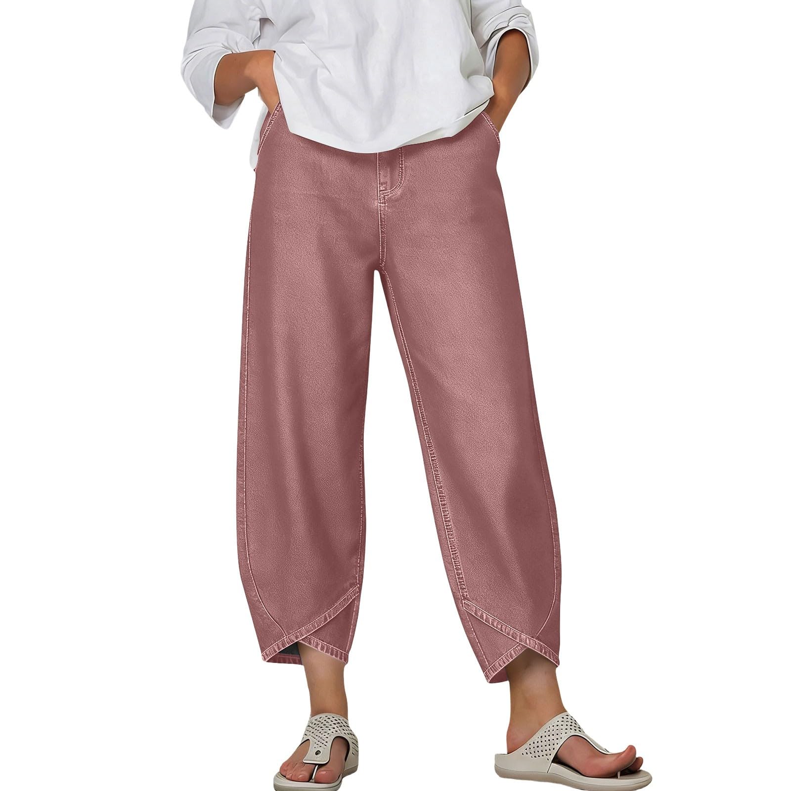 

Women’s Loose Fit Cropped Wide Leg Pants with Hem Design Casual Elastic Waist Trousers for Everyday Wear XL рожевий