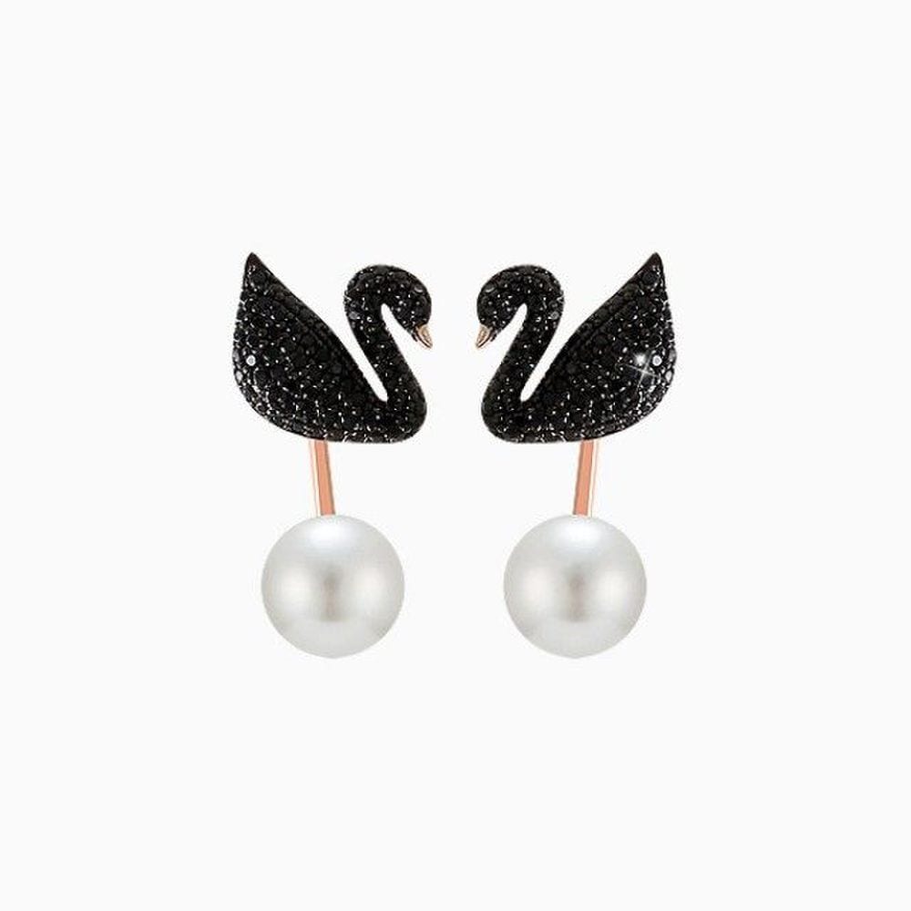 Earrings Black Cubic Swan Pearl (Silver)