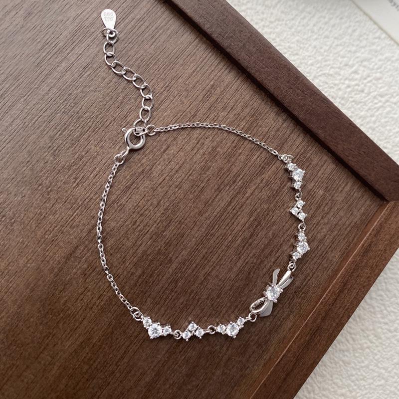 Sterling Silver Zircon Bow Bracelet - Women s Elegant, 2024 New Pure Silver Accessory Pure Silver