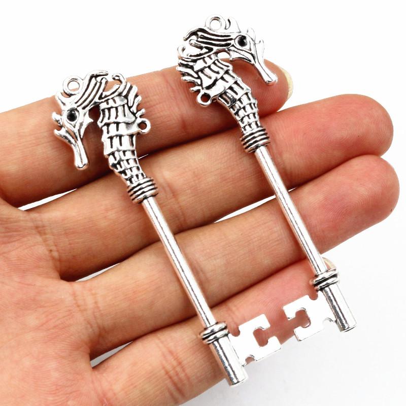 5pcs 70x19mm Charms Hippocampi Key Antique Bronze Silver Plated Metal Handmade Charms Pendant DIY Findings for bracelet necklace