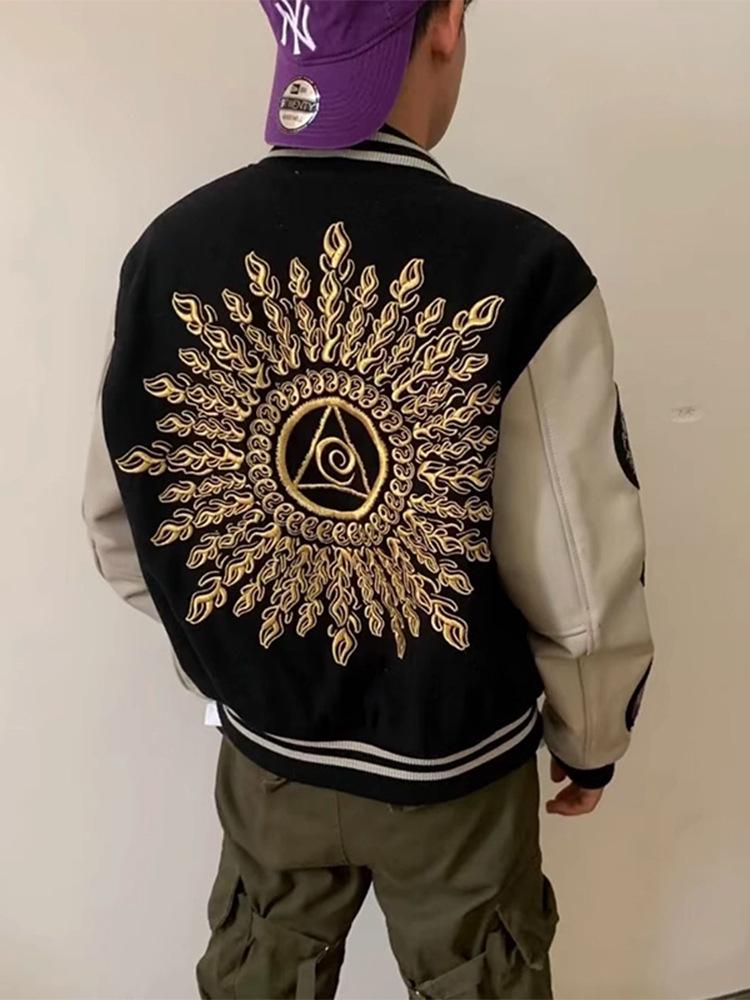 Men's High-End Scruffy Baseball Jacket with Sun Illuminati Eye Embroidery