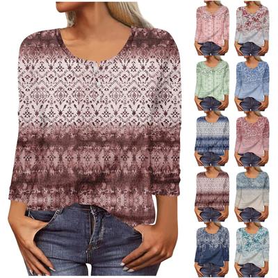 Women's New Button-Down Fashion Print Long Sleeves T-Shirt Slim Top Casual Tops