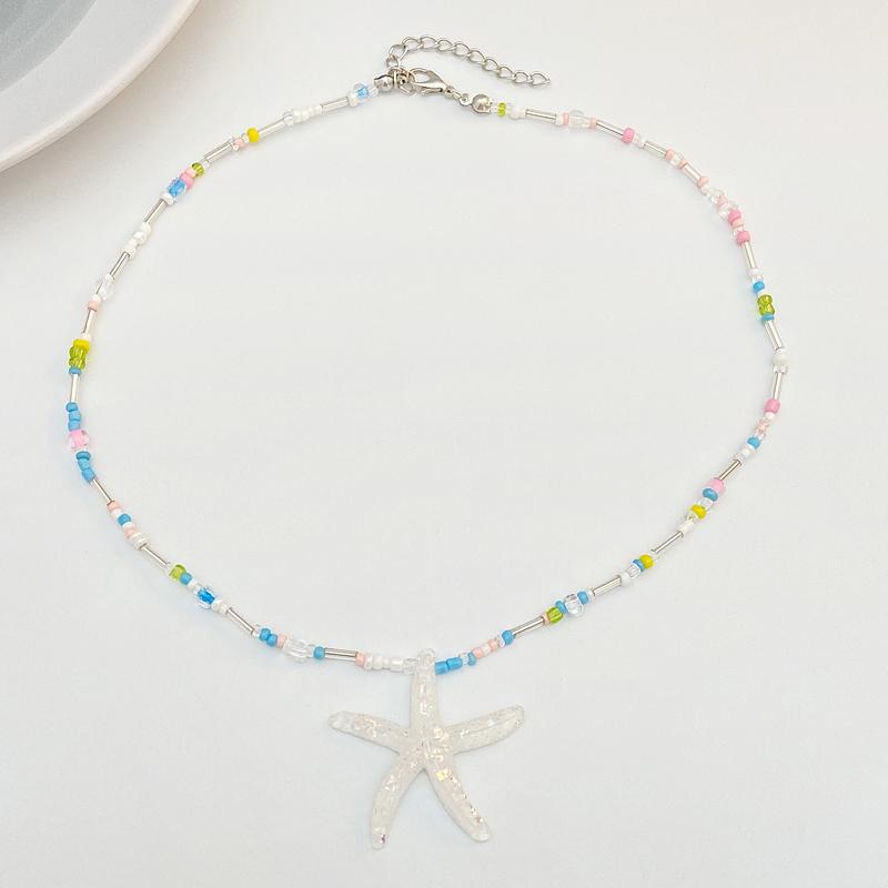 

Vintage Blue Resin Starfish Pendant Adjustable Necklace for Women Y2K Colorful Beaded Clavicle Chain Summer Fashion Zircon Gift