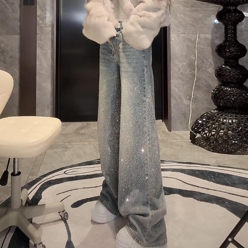 High Waist Hot Diamond Jeans Women's Korean Velvet Pants Old High Street Trend Loose and Thin Straight Wide-leg Pants
