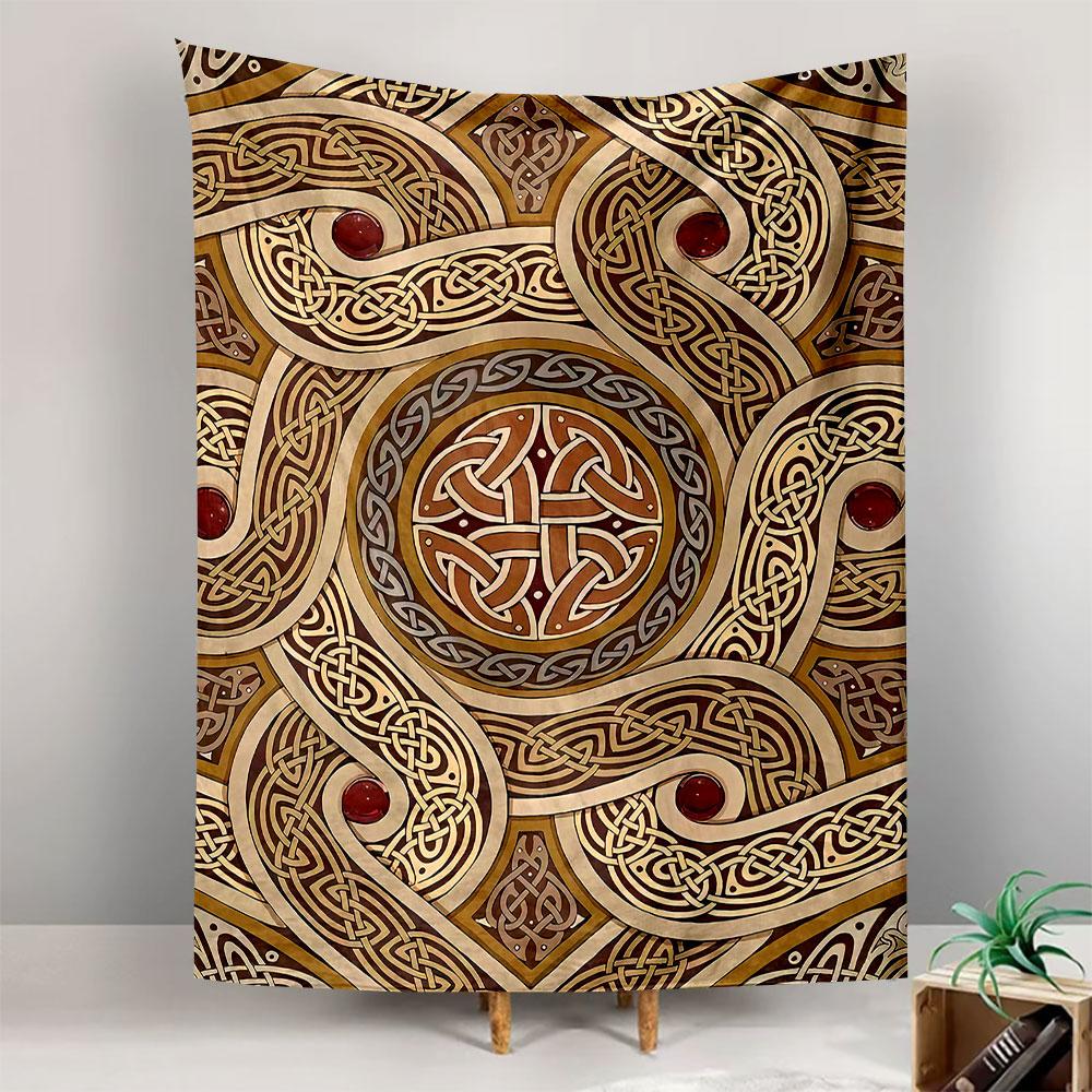 Celtic Knot Interwoven Tribal Pattern Brown Gold with Red Gemstones Tapestry Wall Hanging Vintage Decor for Man Cave