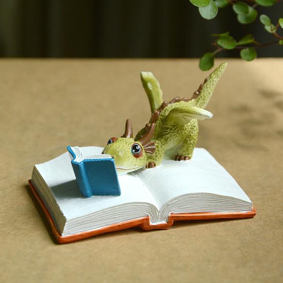 Mini Dragon Figurine Fantasy Dragon On Book Reading Statue for Fairy Garden Terrarium Bookshelf Desk Decor