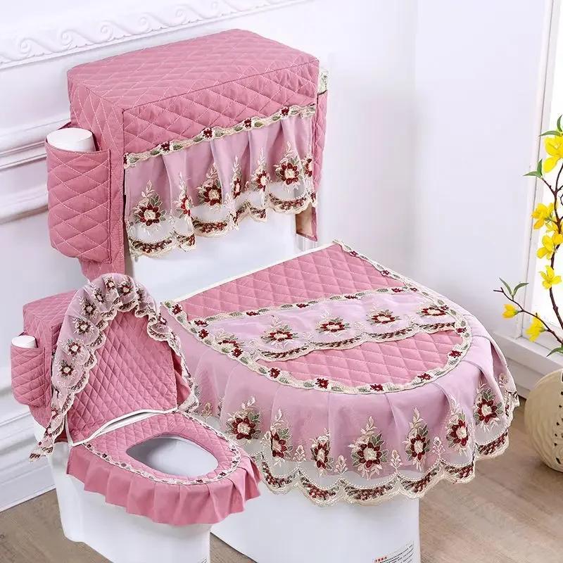 Lace 3D Embroidered Toilet Three Piece Set U-shaped Zipper Closestool Cover with Storage Bag Feather Wave Edge Dust Cushion