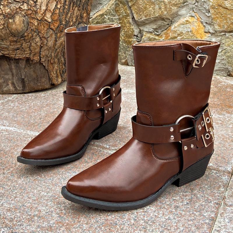 

Thick-heeled short boots for women but over the knee autumn and winter new pointed retro metal leather buckle western knight boots 41 коричневый