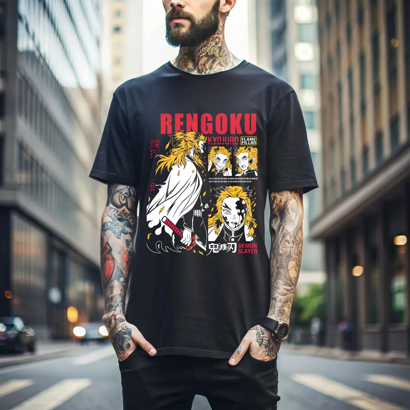 

100% cotton TOPS UNISEX TEES MENS WOMENS Kyojuro Rengoku T-Shirt Slayer Demon Vintage Anime Manga Horror Shirt Gift 321 L чёрный