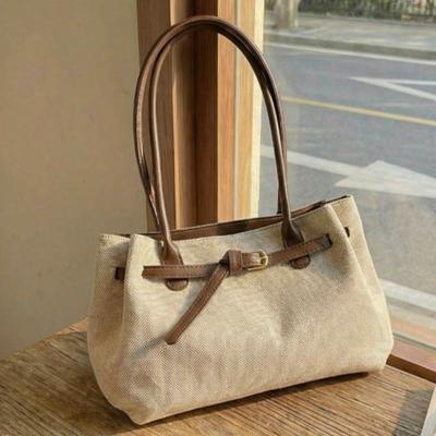 Fashion Minimalist Canvas Handbag Leather Trim Large Capacity Commute Shoulder Bag for Daily, Travel, Shopping and Weekend Outing