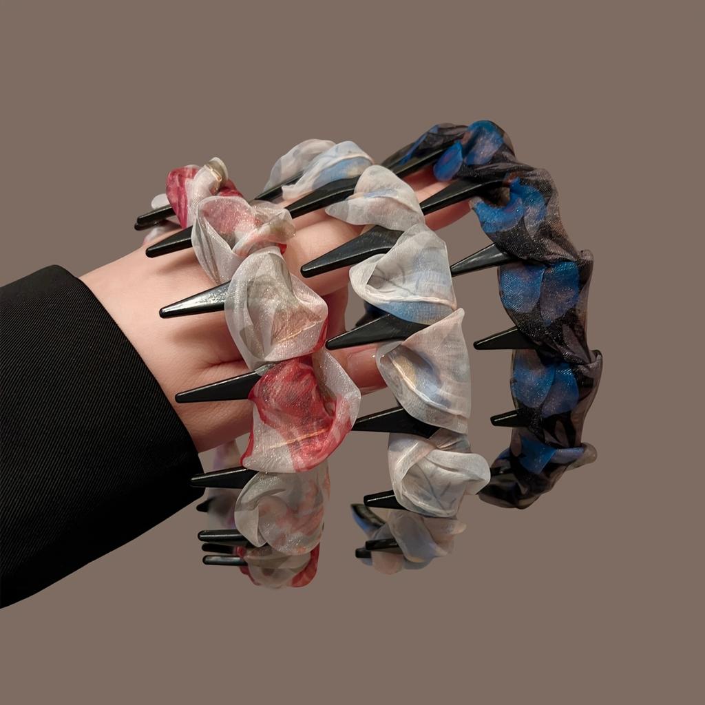 3Pcs Printed Pleated Mesh Headband, Non-slip Wave Tooth Comb Pressure Hair Headband, Versatile High Cranial Top Temperament Hair Accessories