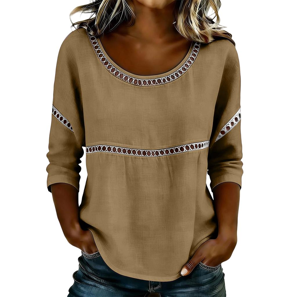Women’s Casual Loose Fit Blouse with Hollow Out Trim Detailing Long Sleeve Round Neck Lightweight Pullover Top Shirt