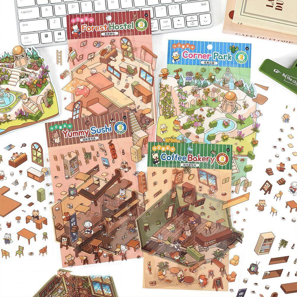 Forest Village 3D Landscape Sticker Paper Multi-functional Cabin Scene Game Stickers Card Lover