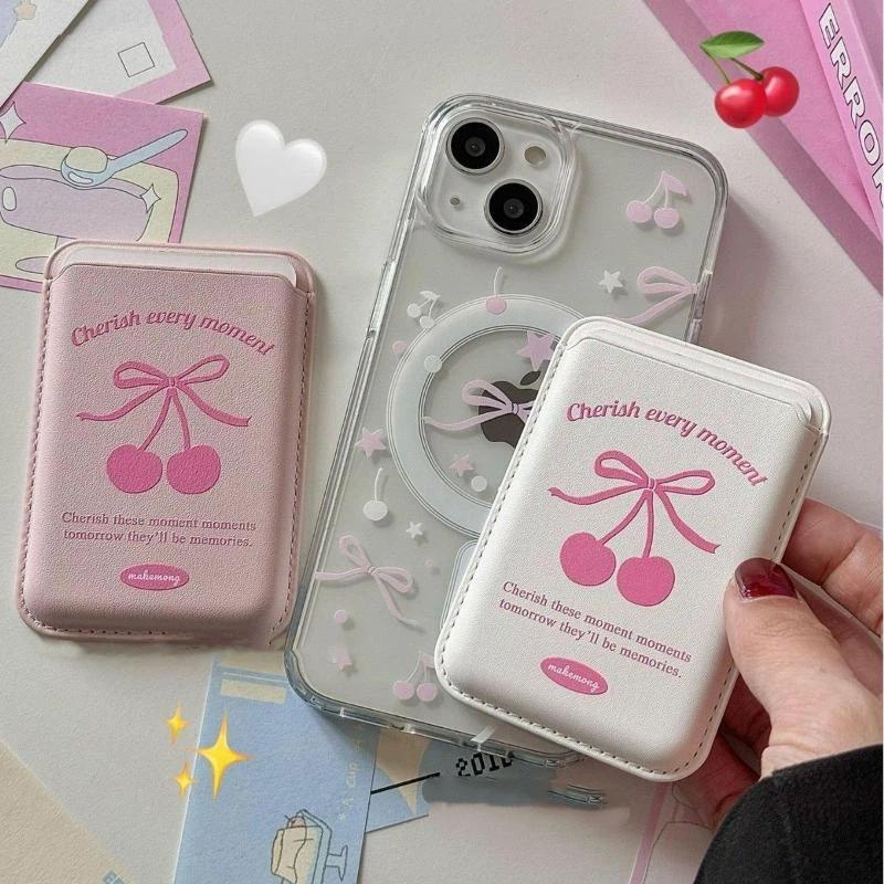 Korean Cute Bow Wallet Magnetic Card Holder For Phone Pu Leather Pocket Phone Bag Accessory Ins