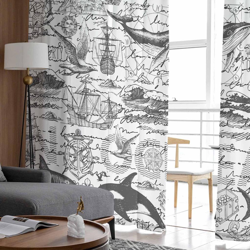 Ocean Summer Vintage Dolphin Window Tulle Curtains for Living Room Bedroom Hotel Luxury Decoration Sheer Curtains