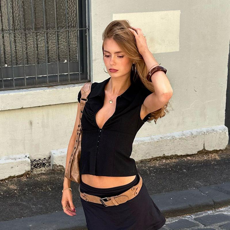 American-Style Spicy Girl Style Button-Down Lapel Short-Sleeve Shirt with a Stylish and Sexy Hollow-Out Design, Waist-Cinching Cardigan Top for Women
