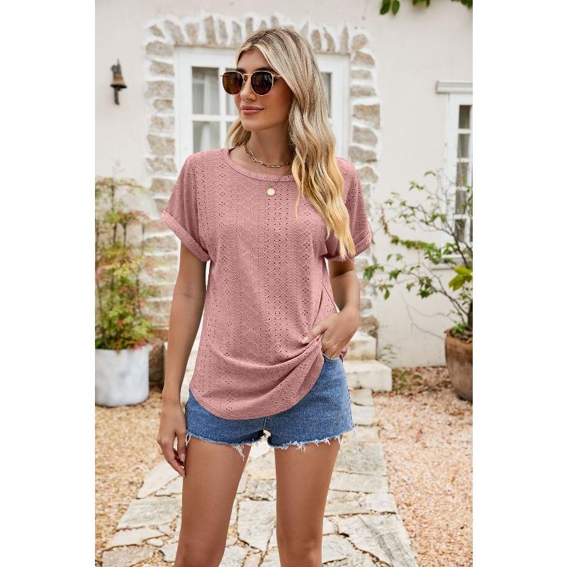 HNXC Women's Fashion Casual Solid Color Print Short Sleeve O Neck Blouses & Shirts