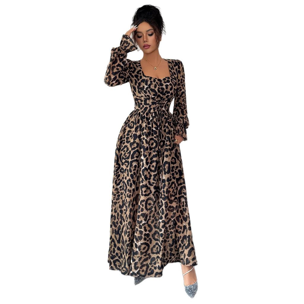 Cross-border European and American elegant leopard print long sleeve and long skirt dress women's wear Autumn/Winter independent site