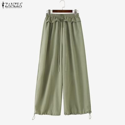Women Casual Elastic Waist Solid Color Loose Drawstring Pants