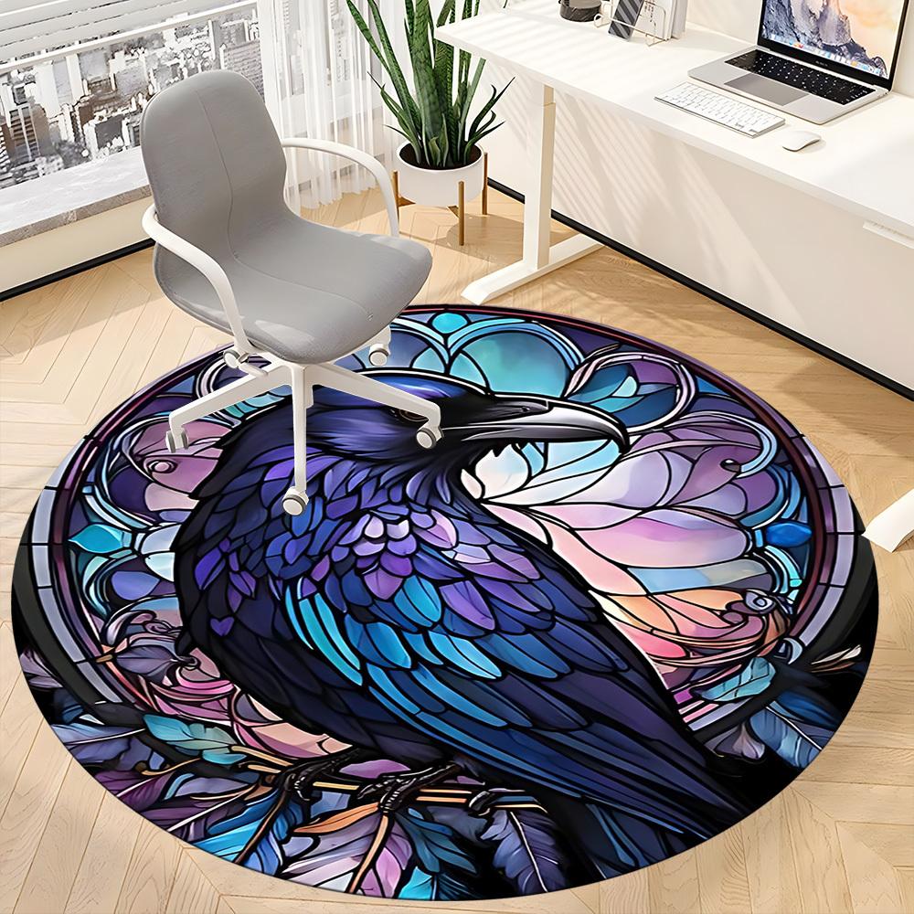 1pc Stained Raven Glass Office Round Area Rug, Under Office Chairs Bedroom Living Room Home Decor, Room Deco