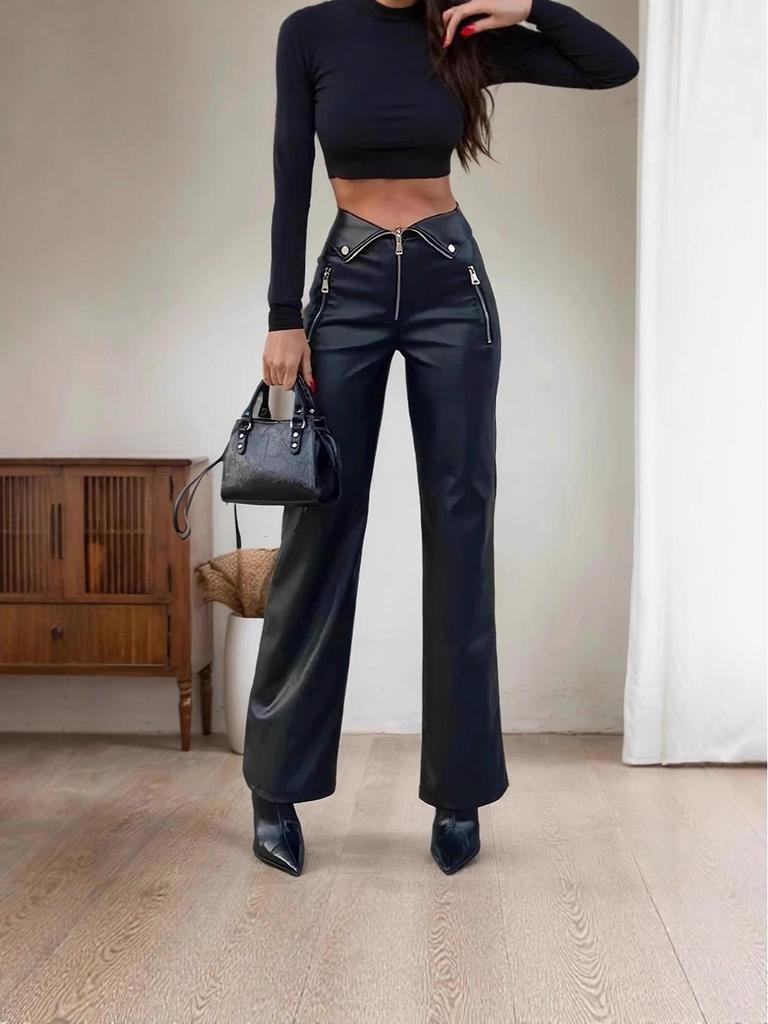 Women's High Waist PU Leather Nightclub Pants with Metal Zipper - INS Style, Winter Straight Leg Design